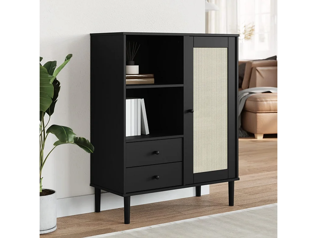 Buffet SENJA aspect rotin noir 90x40x112cm bois massif de pin