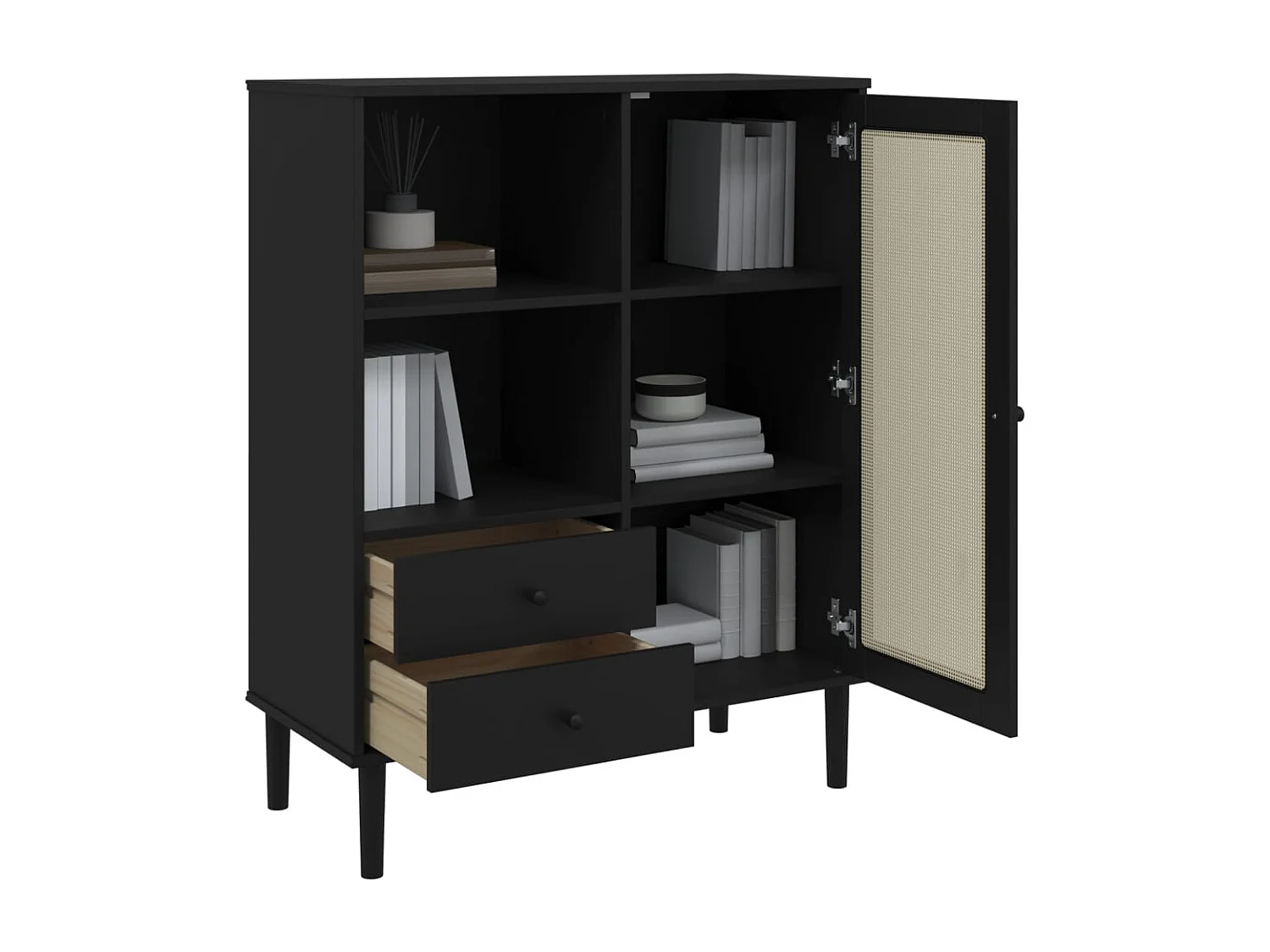 Buffet SENJA aspect rotin noir 90x40x112cm bois massif de pin