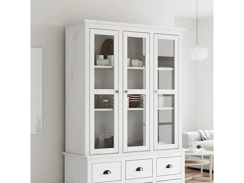 Armoire avec portes vitrées BODO blanc bois de pin massif