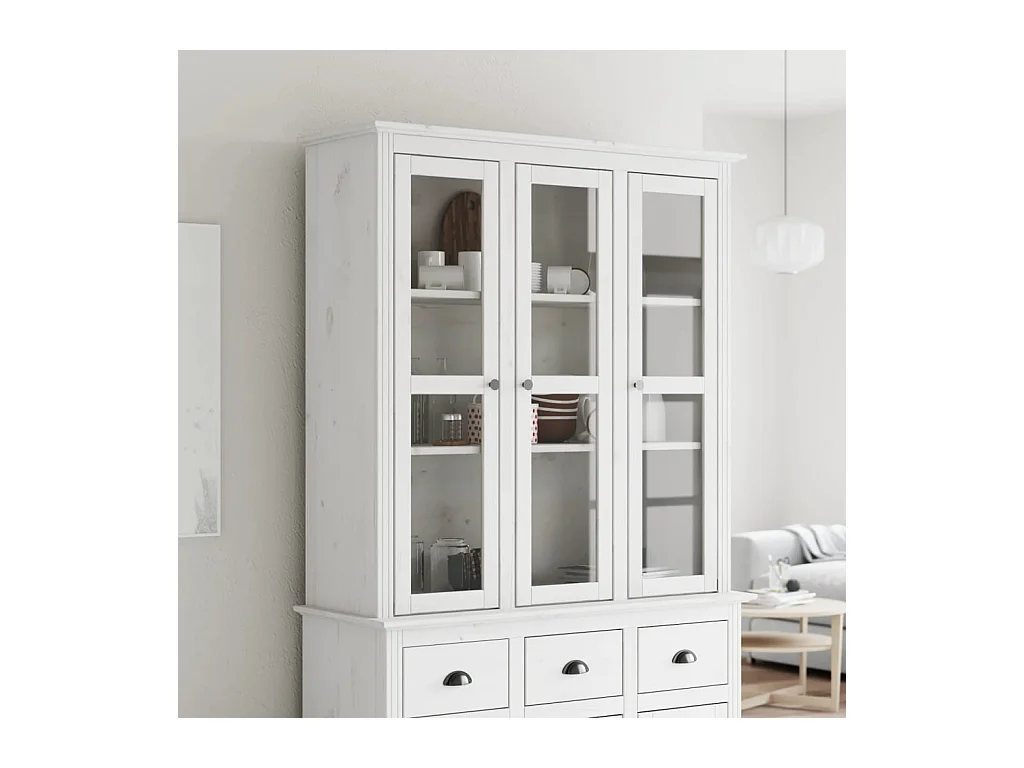 Armoire avec portes vitrées BODO blanc bois de pin massif