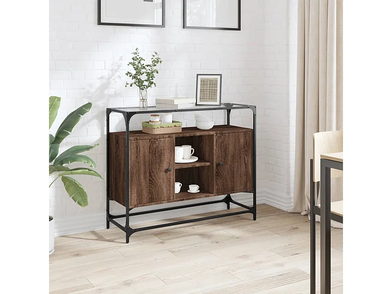 Buffet avec dessus en verre chêne marron bois d'ingénierie