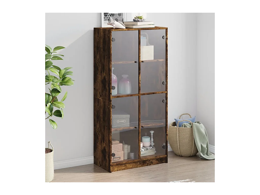 Buffet haut avec portes chêne fumé 68x37x142 cm bois ingénierie