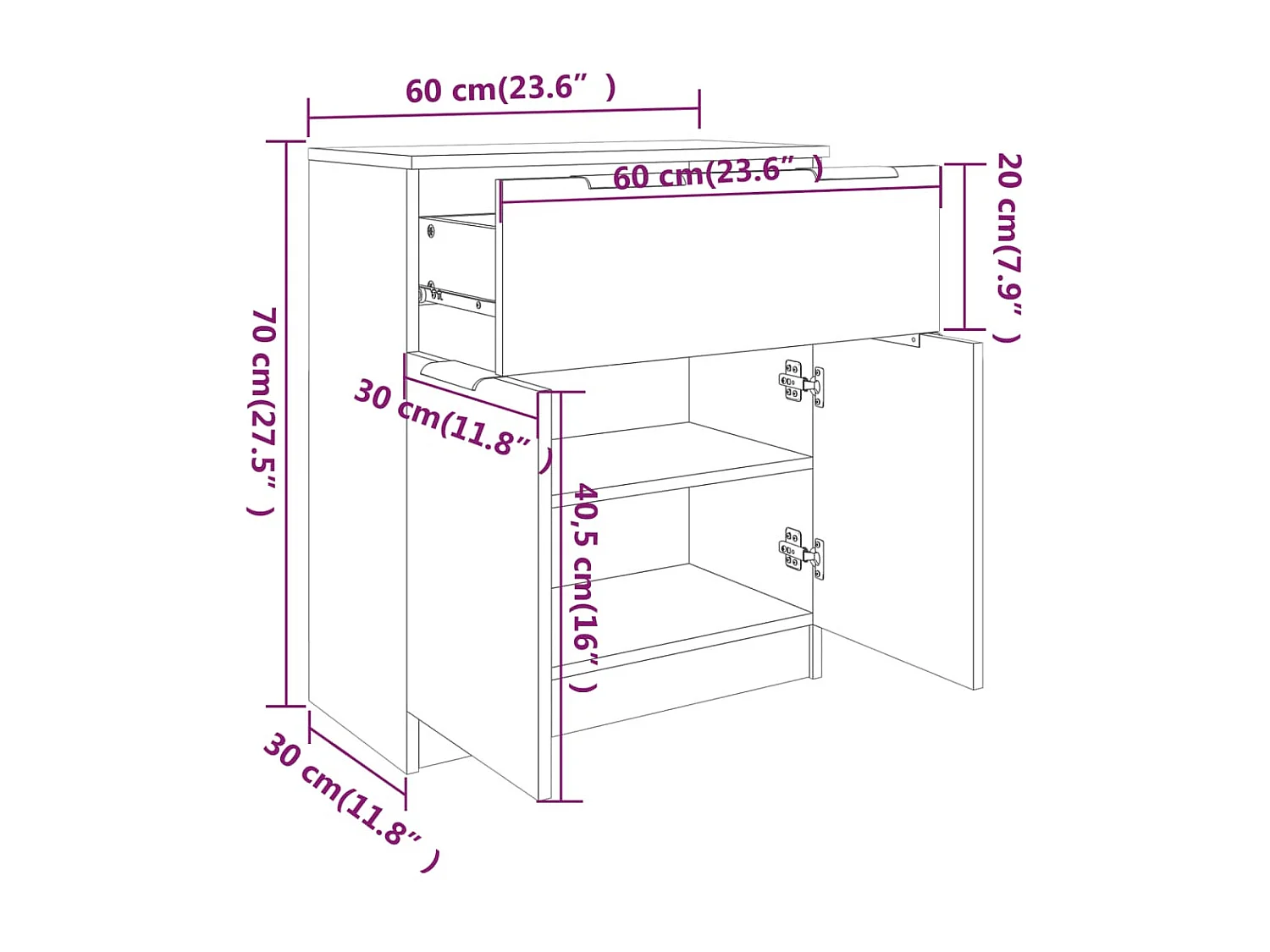 Wit dressoir 60x30x70 cm bewerkt hout