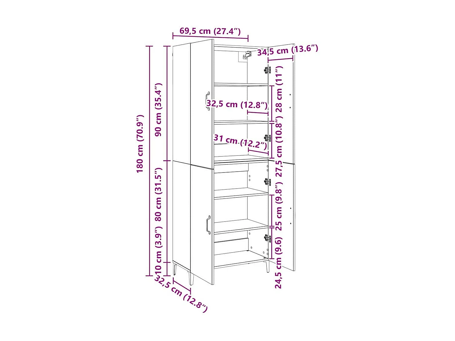 Mobile alto 2 pezzi Legno antico 69,5 x 34 x 180 cm