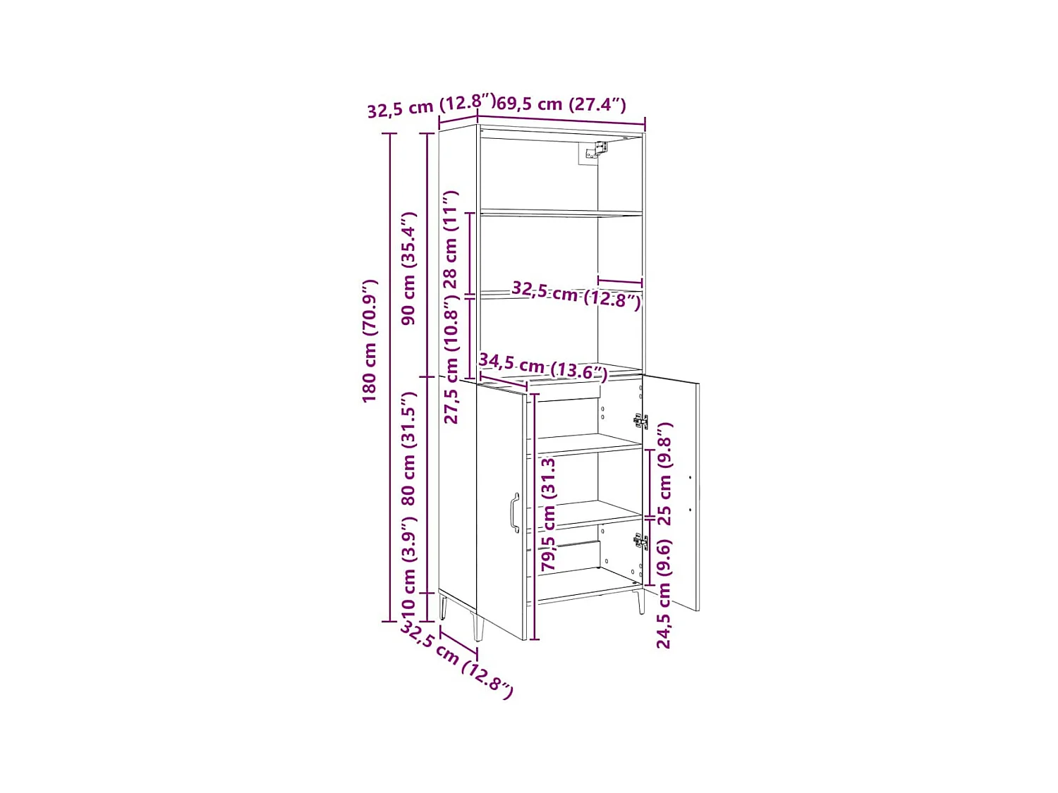 Zwarte eikenhouten dressoir 69,5 x 32,5 x 180 cm, bewerkt hout