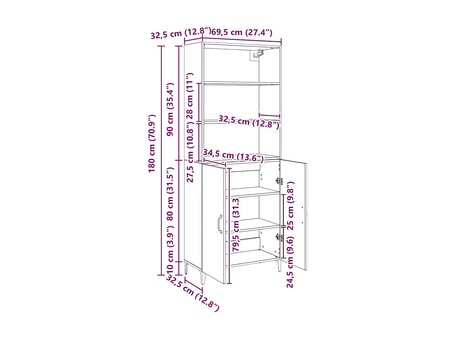 Buffet Chêne noir 69,5 x 32,5 x 180 cm Bois d'ingénierie