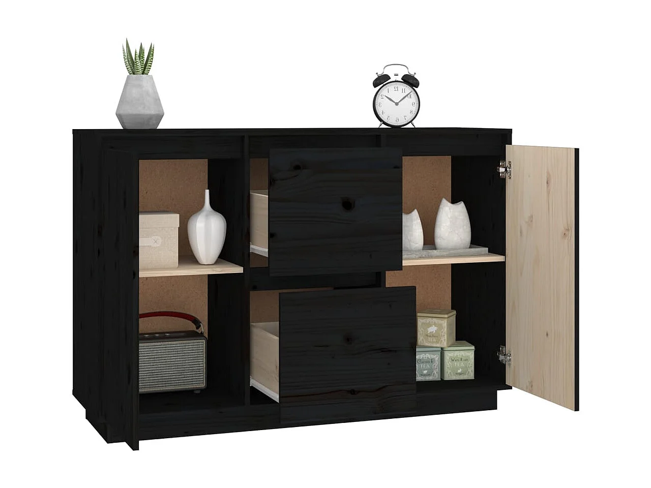 Buffet Noir 111x34x75 cm Bois massif de pin