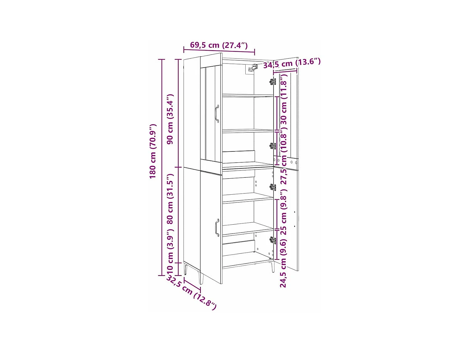 Hoge kast 2 stuks Zwart Eiken 69,5 x 34 x 180 cm