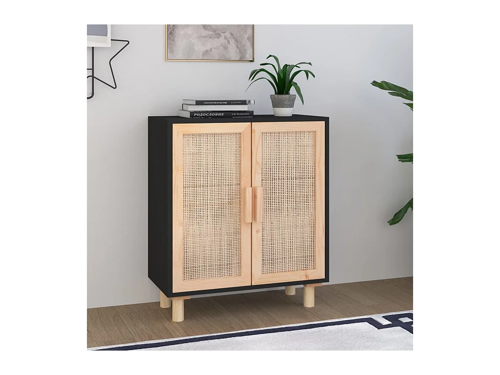Credenza nera 60x30x70 cm Legno massello di pino e rattan naturale