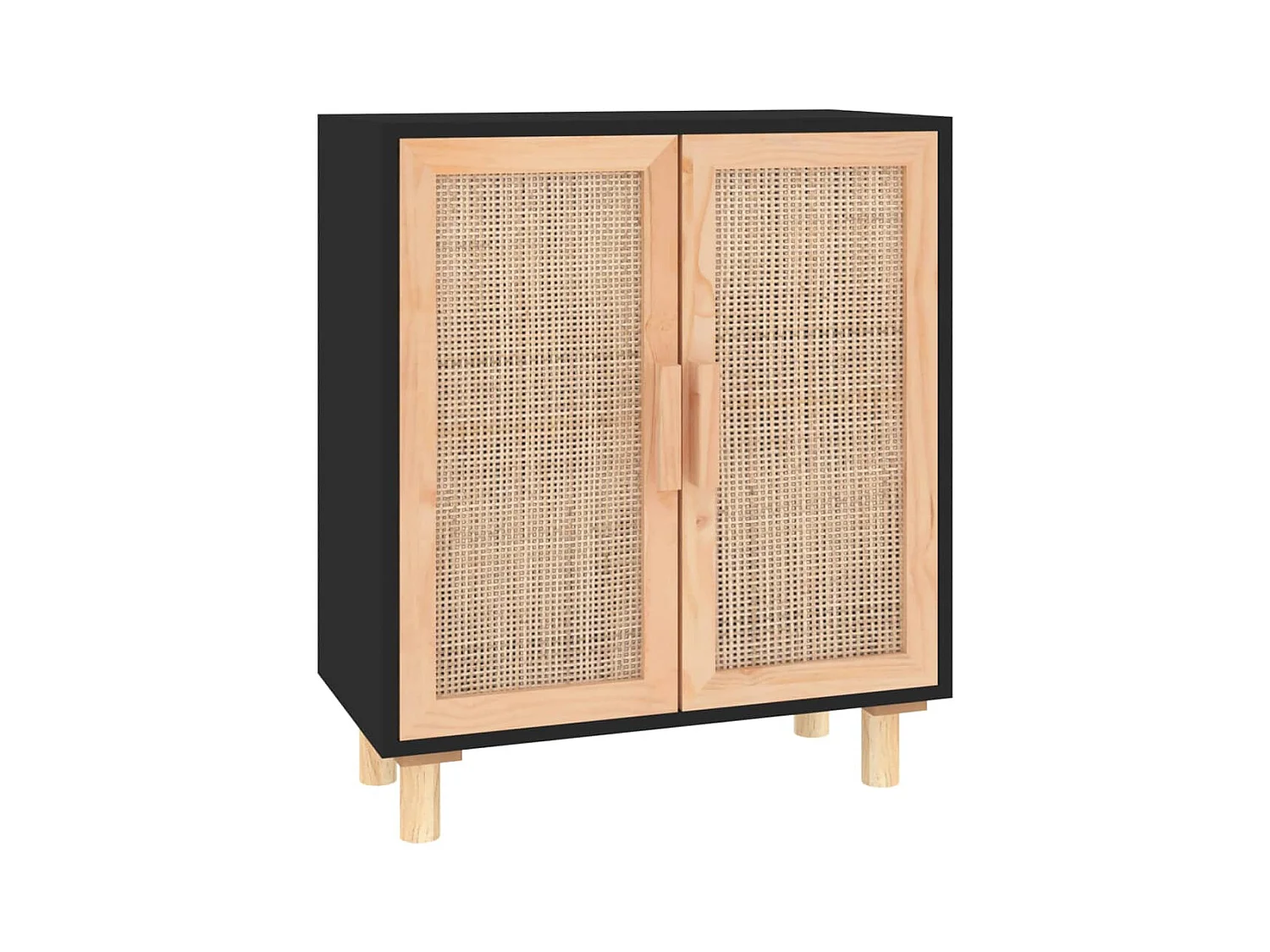 Credenza nera 60x30x70 cm Legno massello di pino e rattan naturale