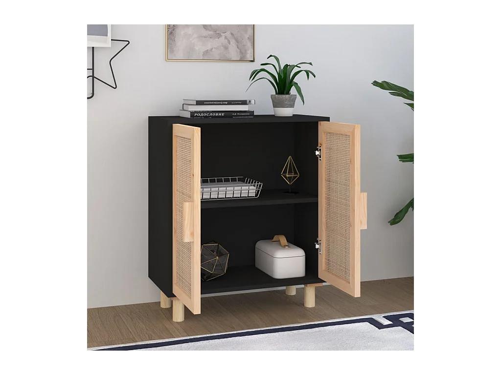 Credenza nera 60x30x70 cm Legno massello di pino e rattan naturale