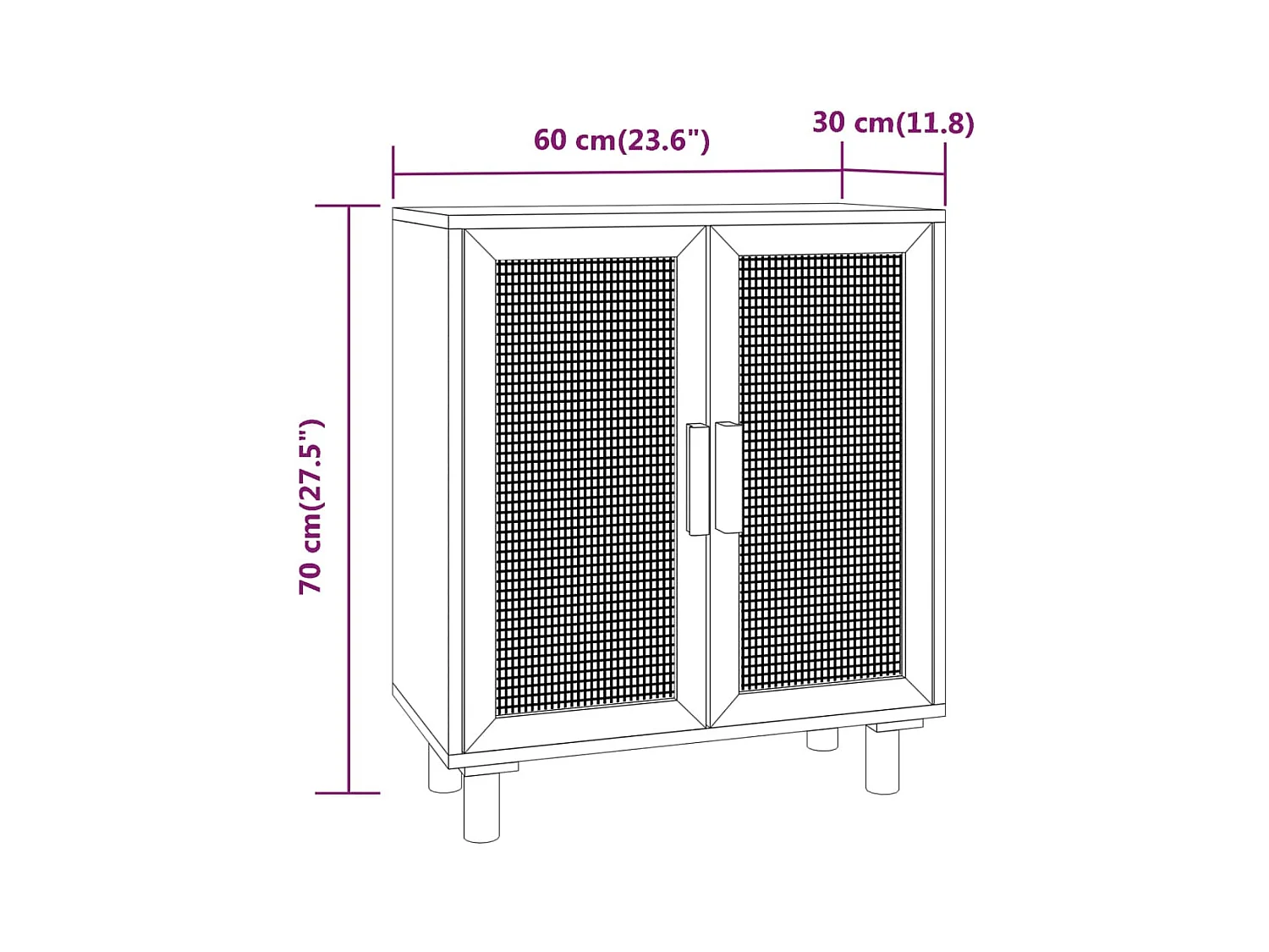Credenza nera 60x30x70 cm Legno massello di pino e rattan naturale