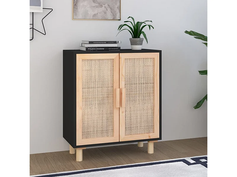 Zwarte Dressoir 60x30x70 cm Massief grenenhout en natuurlijk rotan