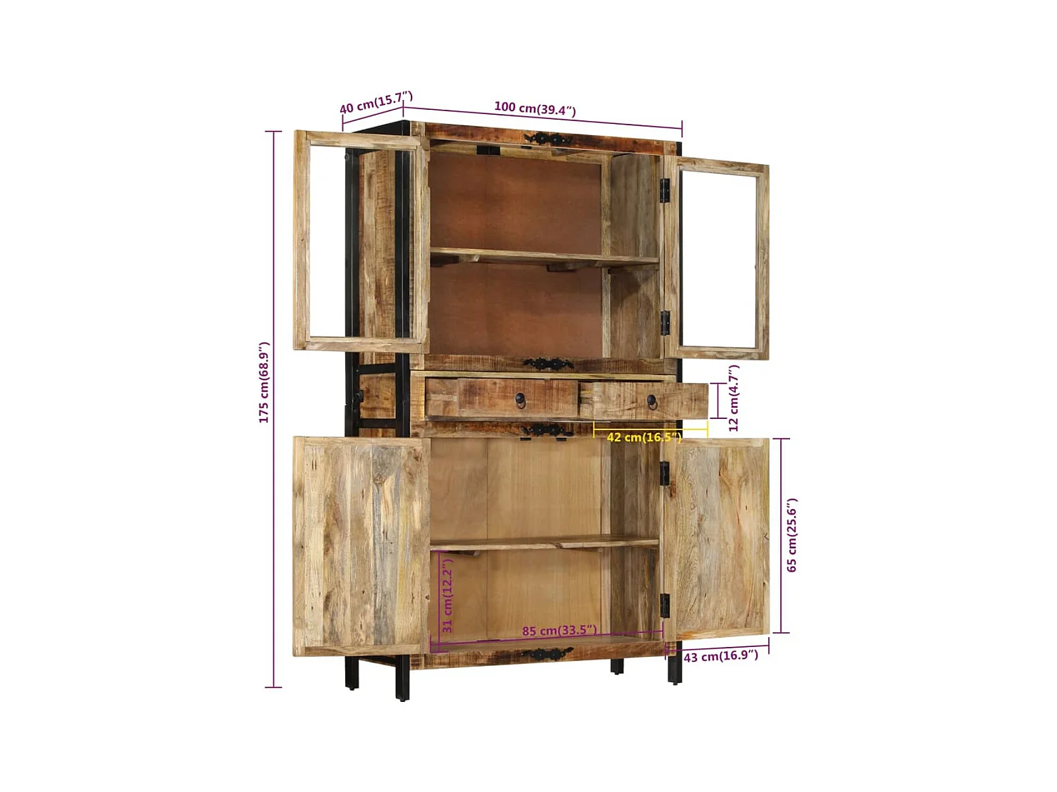 Buffet 100x40x175 cm bois de manguier brut massif