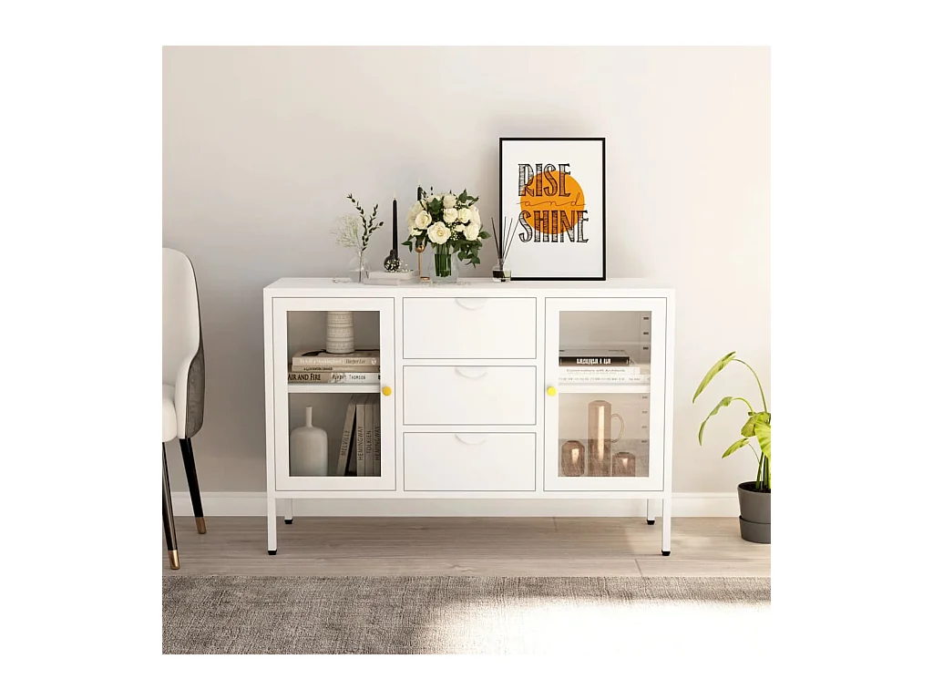 Buffet Blanc 105x35x70 cm Acier et verre trempé