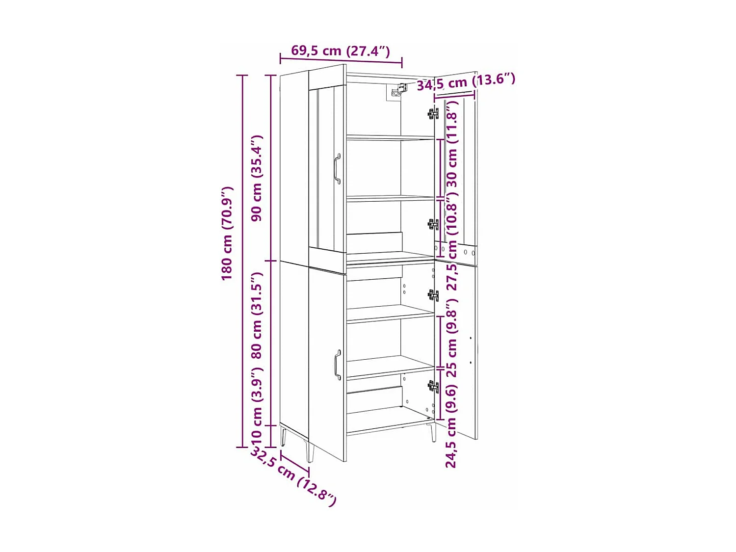 Mobile alto 2 pezzi Legno antico 69,5 x 34 x 180 cm