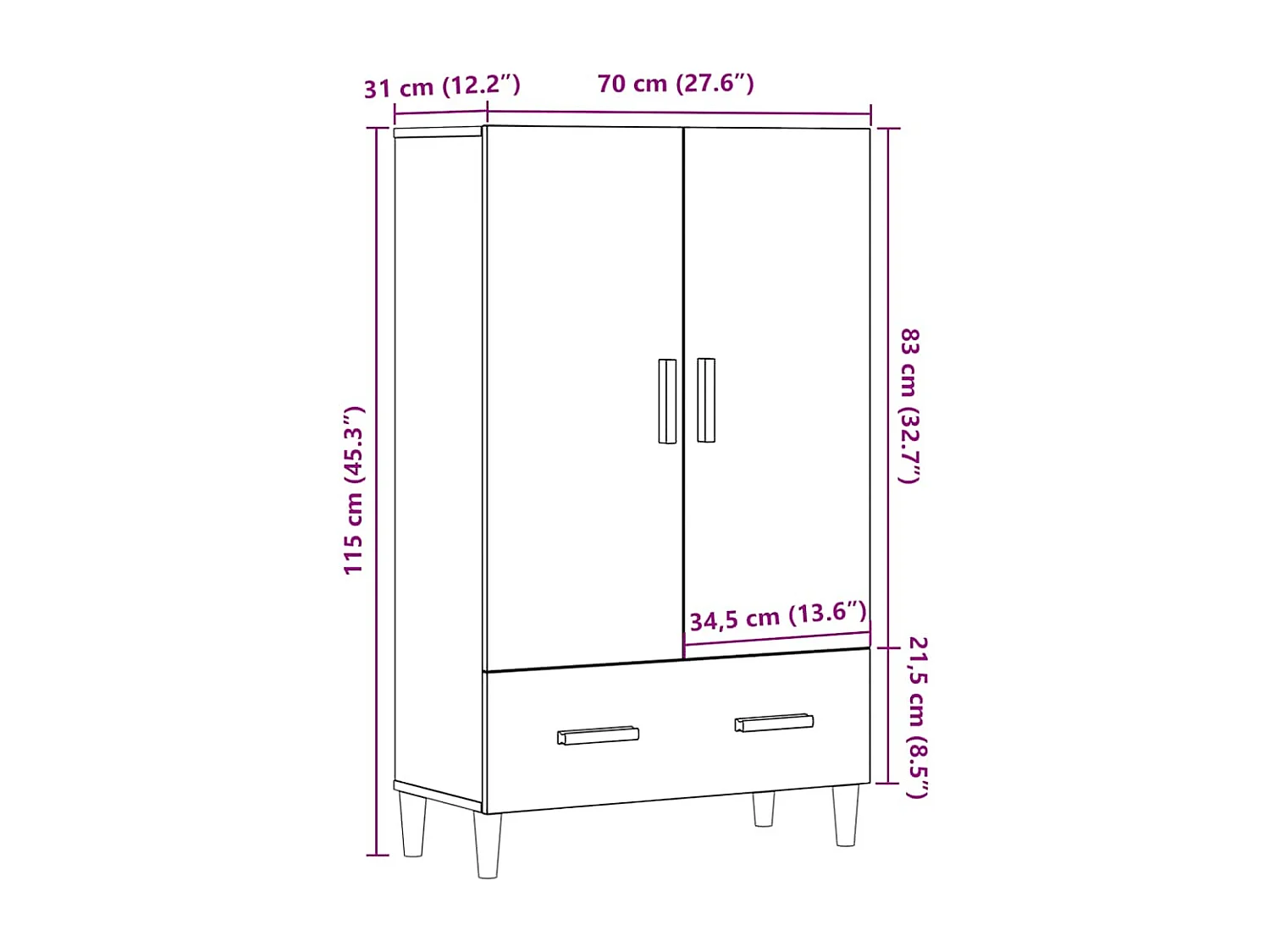 Hoge dressoir oud hout 70x31x115 cm bewerkt hout