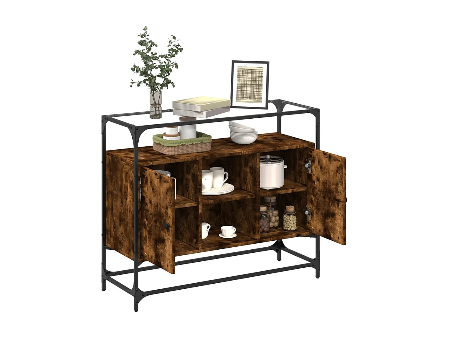 Buffet avec dessus en verre chêne fumé bois d'ingénierie