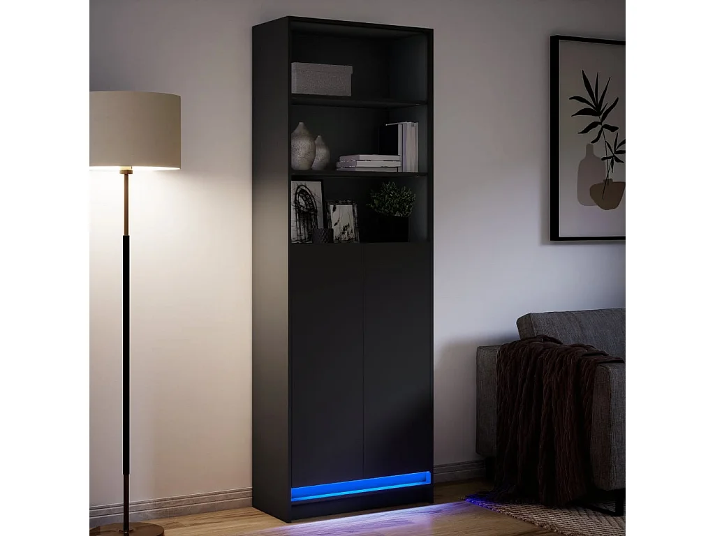 Buffet haut avec LED noir 69x32,5x200 cm bois d’ingénierie