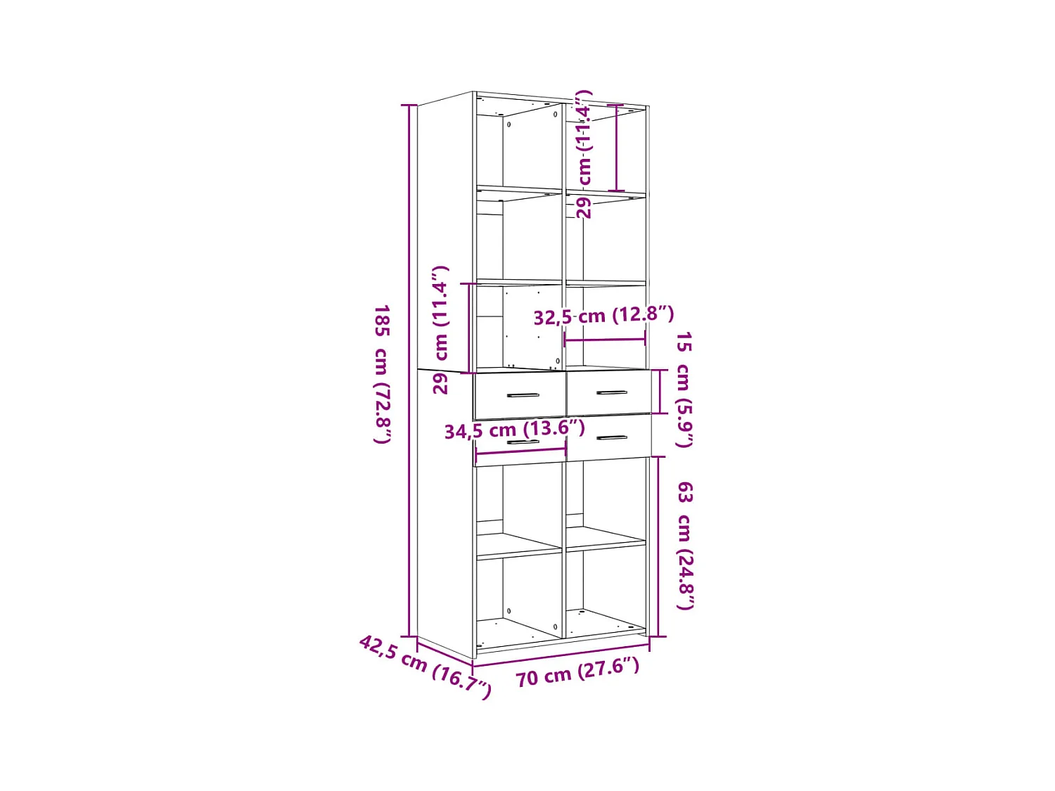 Betongrijs hoog dressoir 70x42,5x185 cm bewerkt hout