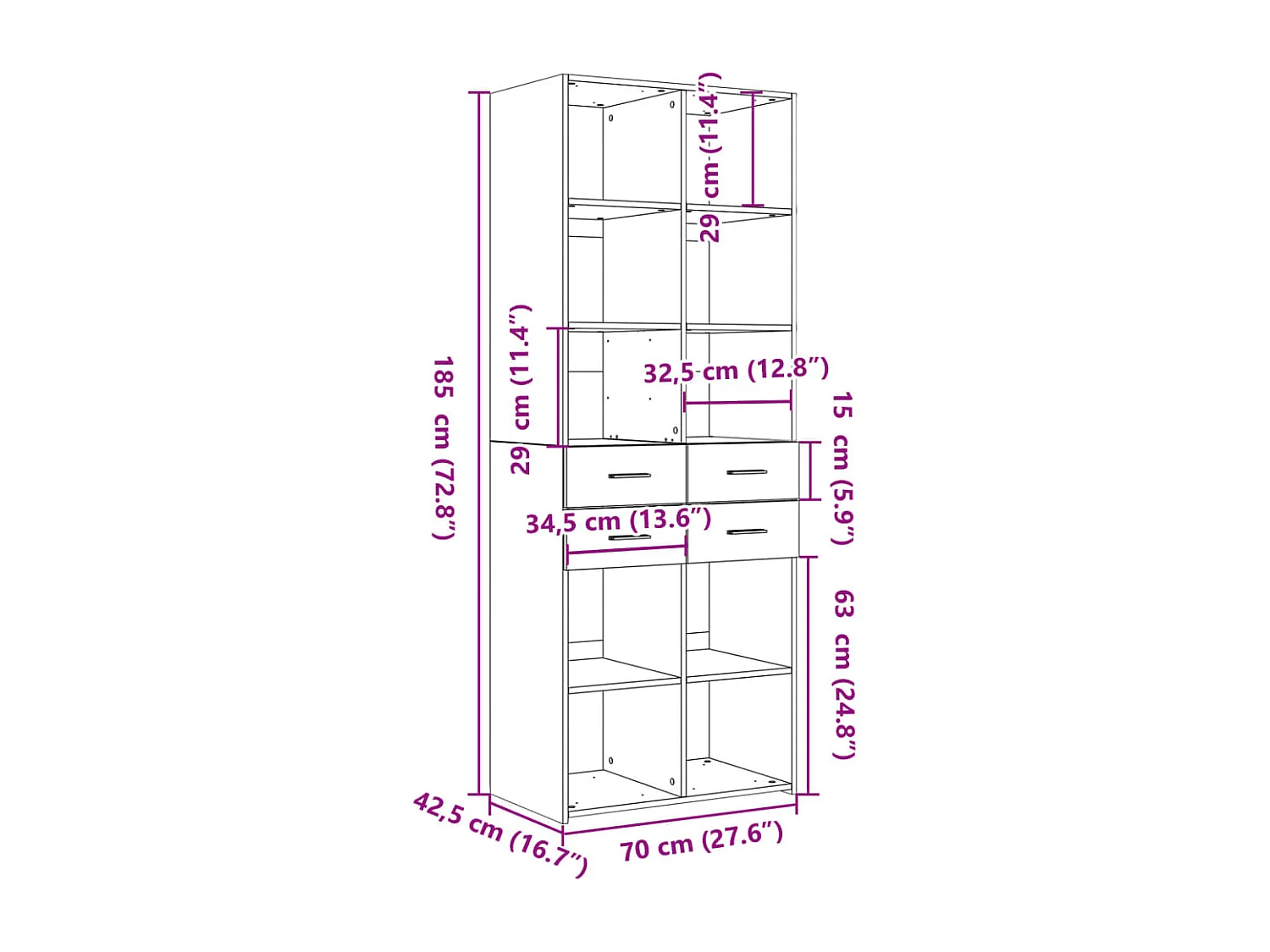 Buffet haut gris béton 70x42,5x185 cm bois d'ingénierie
