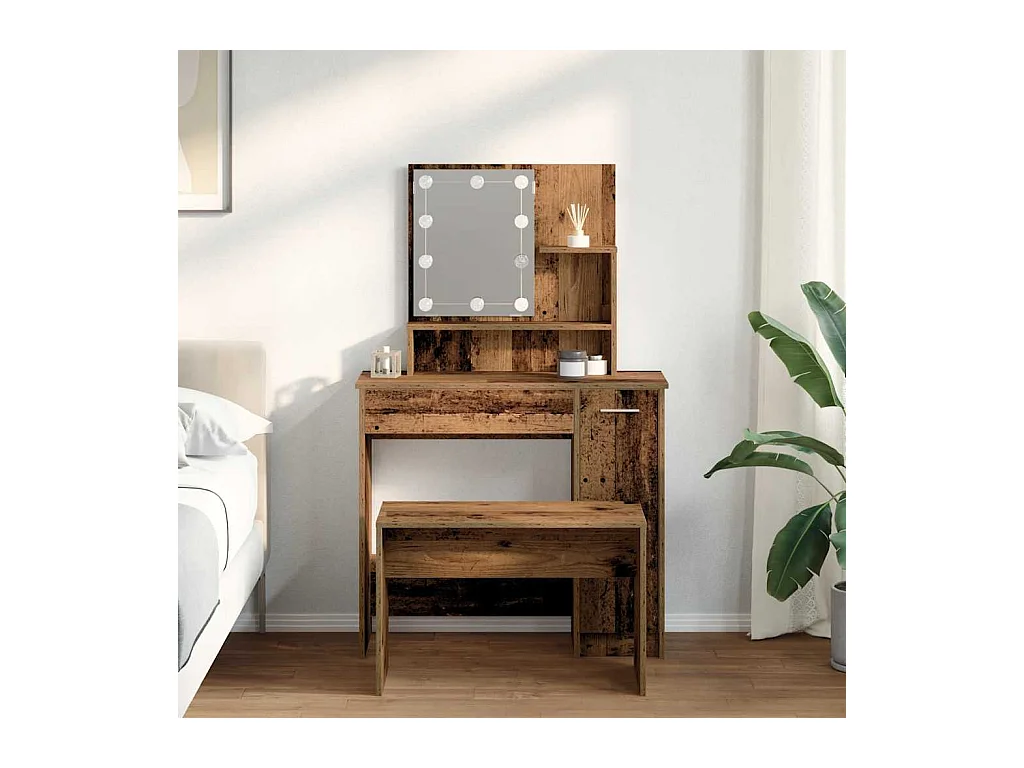 Ensemble de coiffeuse avec LED vieux bois bois d'ingénierie