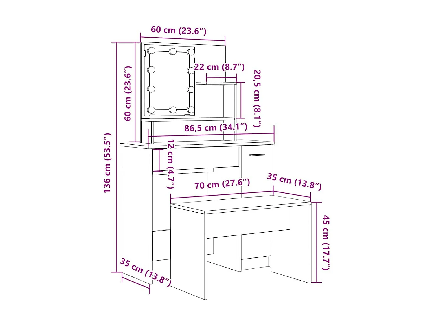 Ensemble de coiffeuse avec LED vieux bois bois d'ingénierie