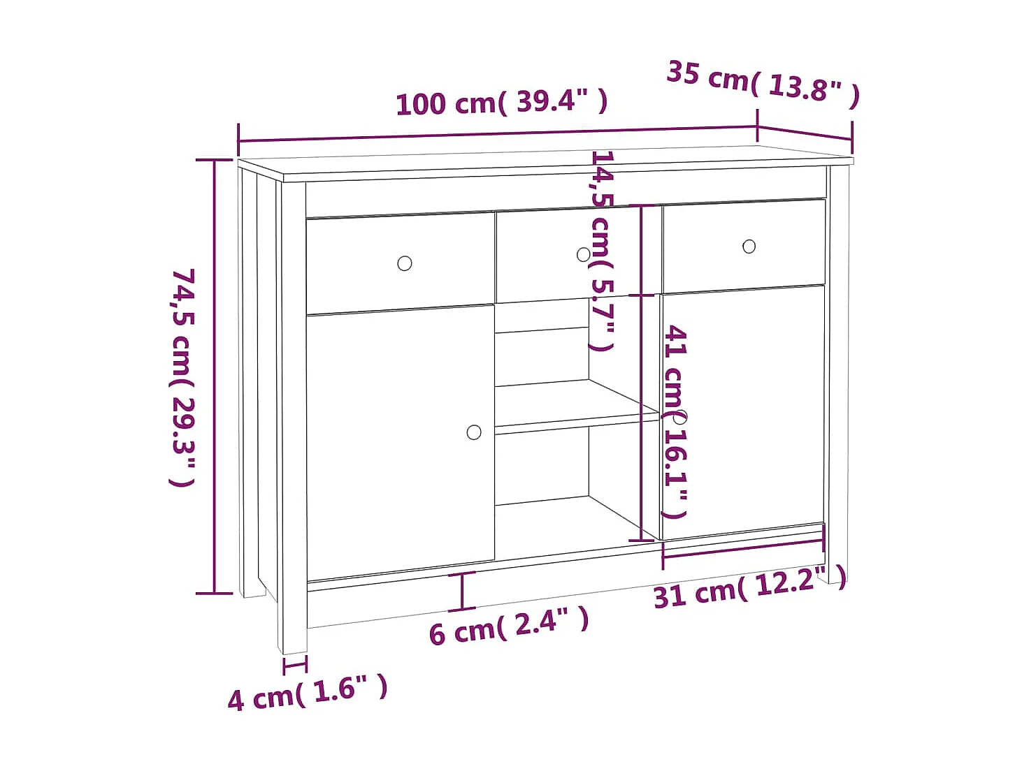 Buffet Noir 100x35x74,5 cm Bois massif de pin