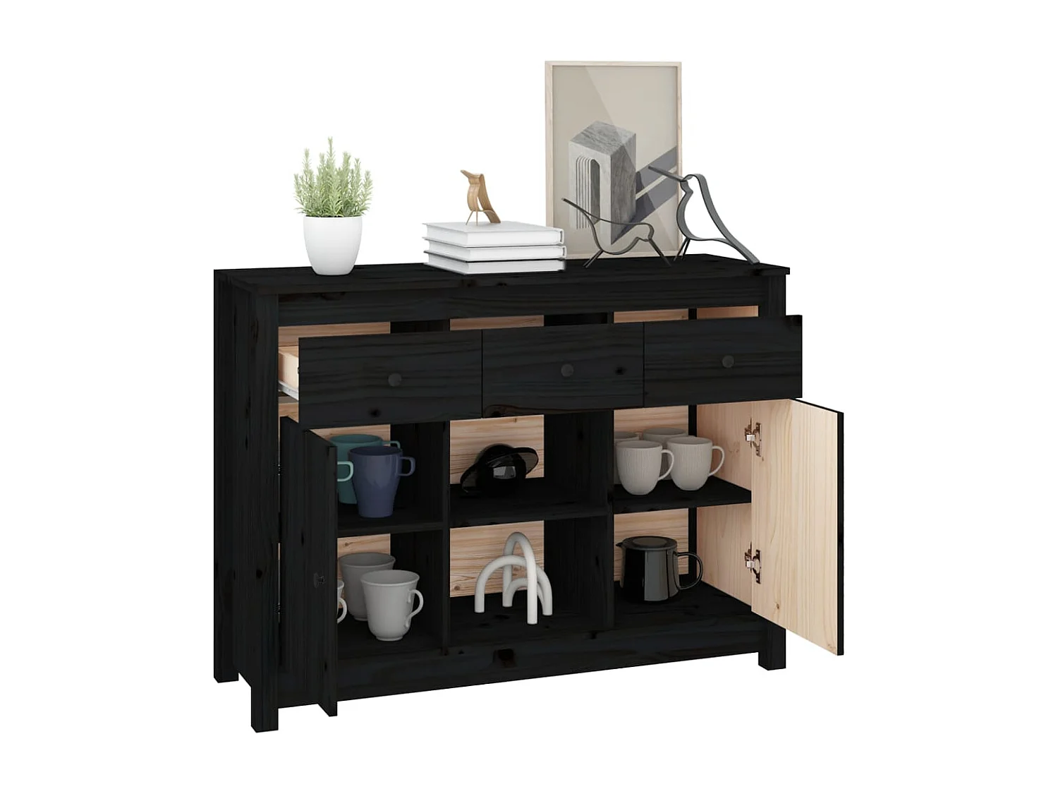 Zwart dressoir 100x35x74,5 cm massief grenenhout