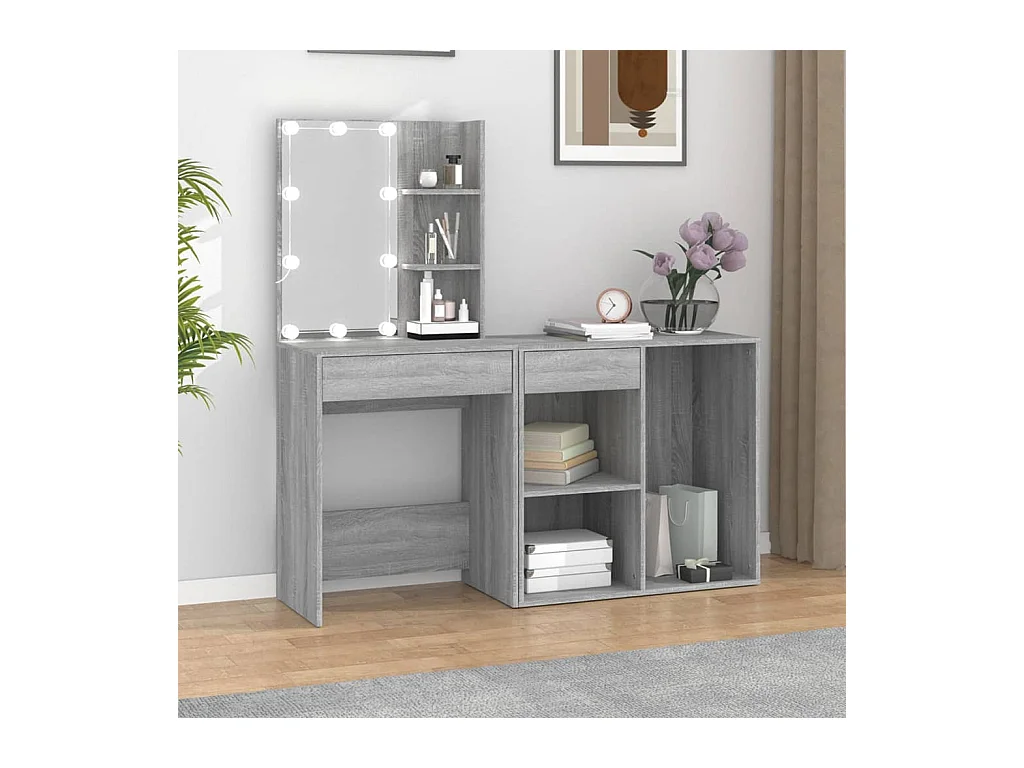 Sonoma Grijze LED-kaptafel met kast van bewerkt hout