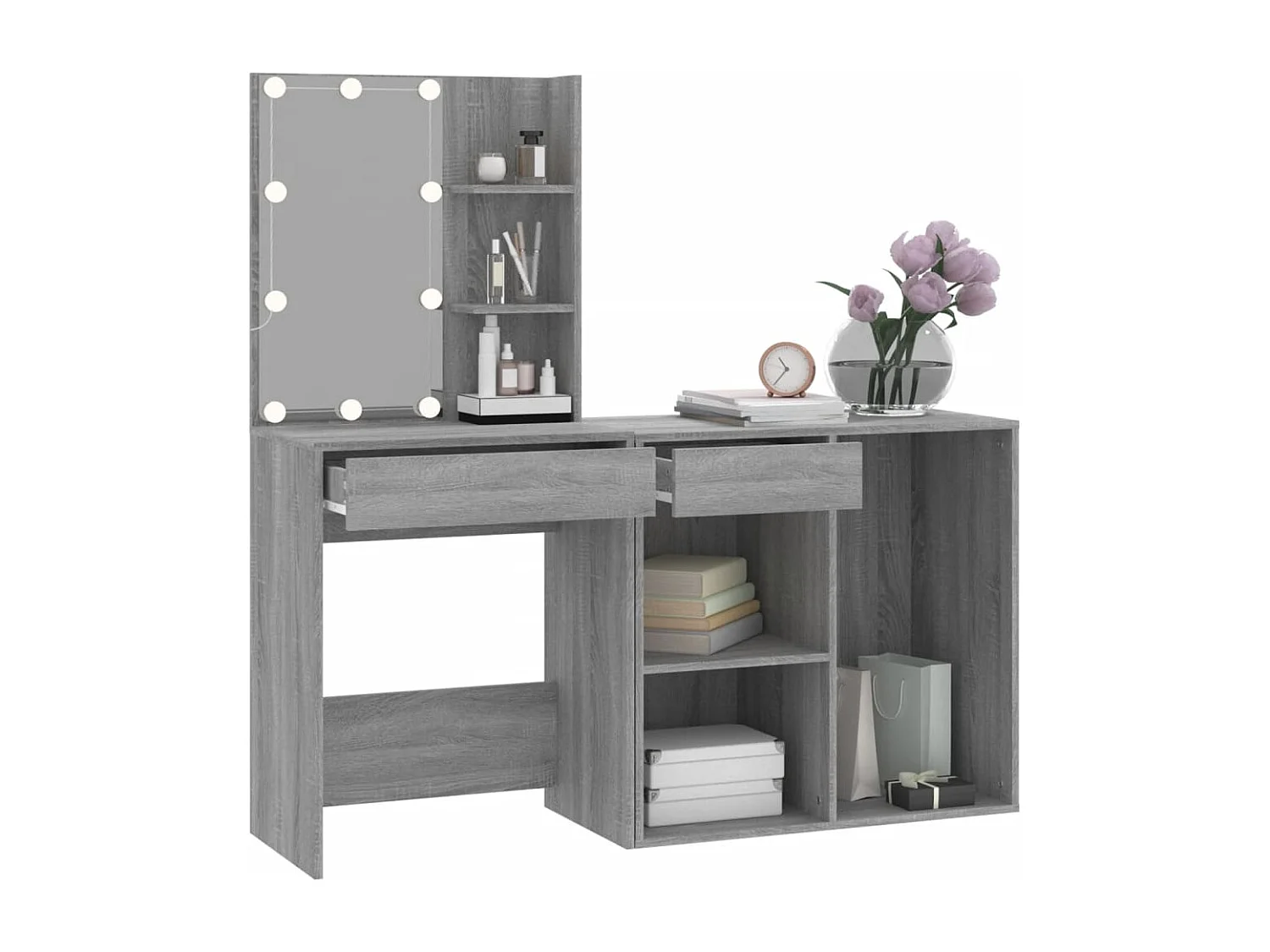 Sonoma Grijze LED-kaptafel met kast van bewerkt hout