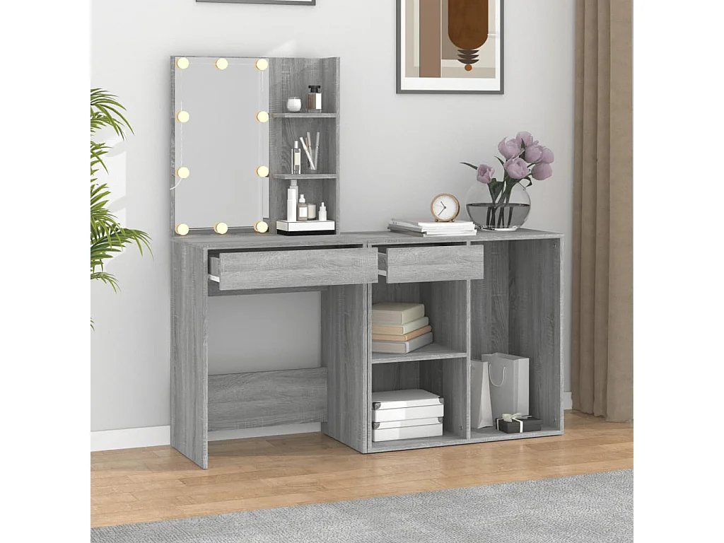 Tocador LED gris Sonoma con gabinete de madera de ingeniería