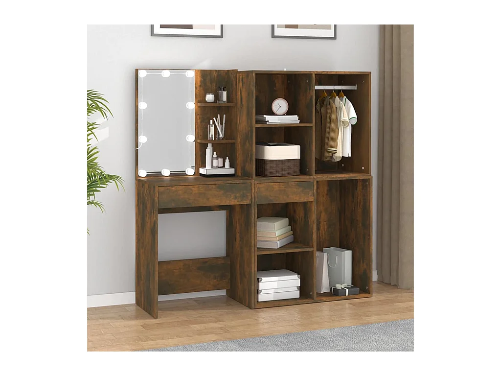 Coiffeuse à LED avec armoires Chêne fumé Bois d'ingénierie