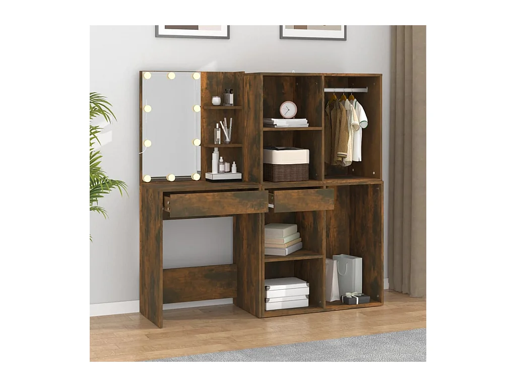 Coiffeuse à LED avec armoires Chêne fumé Bois d'ingénierie