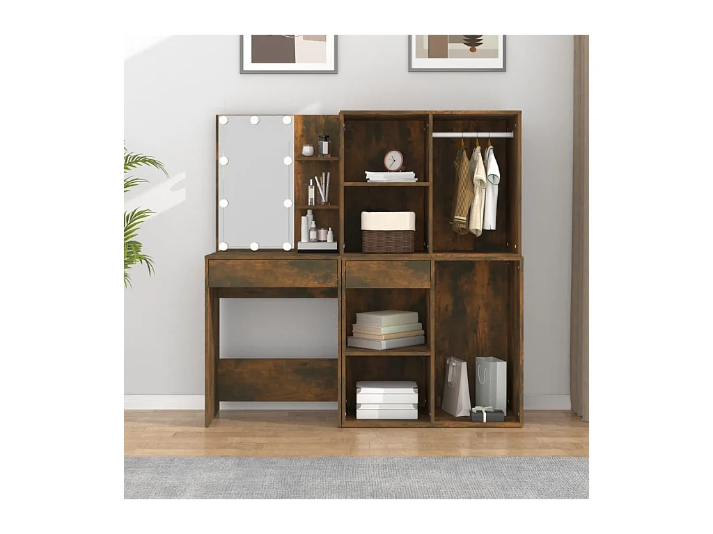 Coiffeuse à LED avec armoires Chêne fumé Bois d'ingénierie