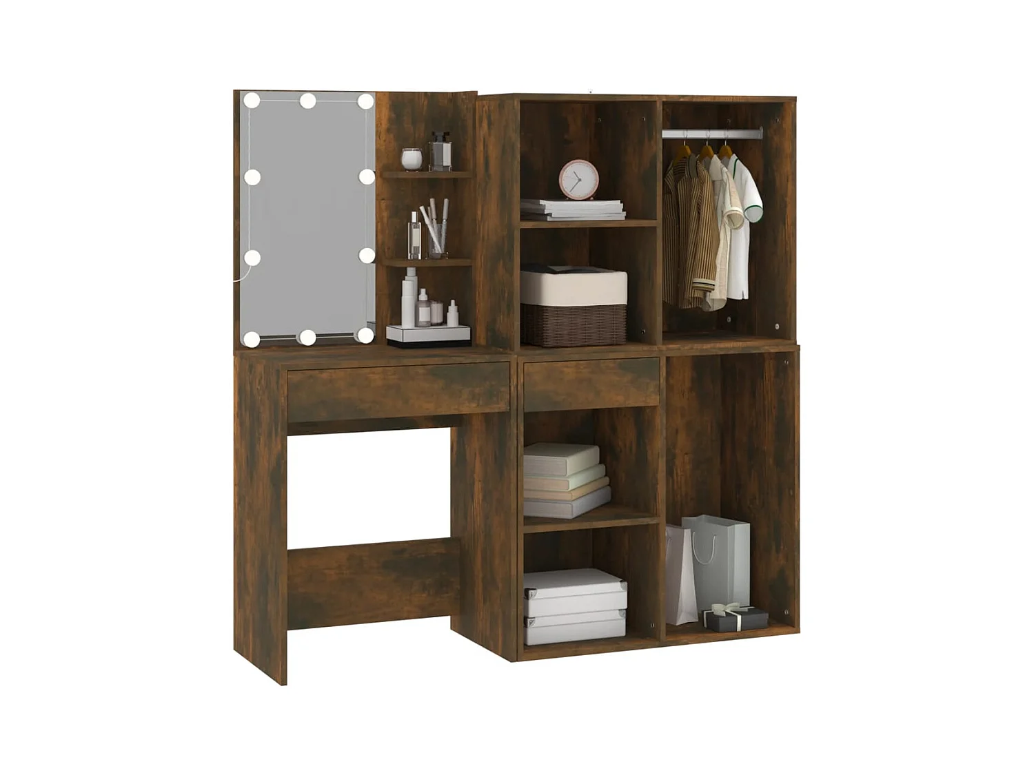 Coiffeuse à LED avec armoires Chêne fumé Bois d'ingénierie