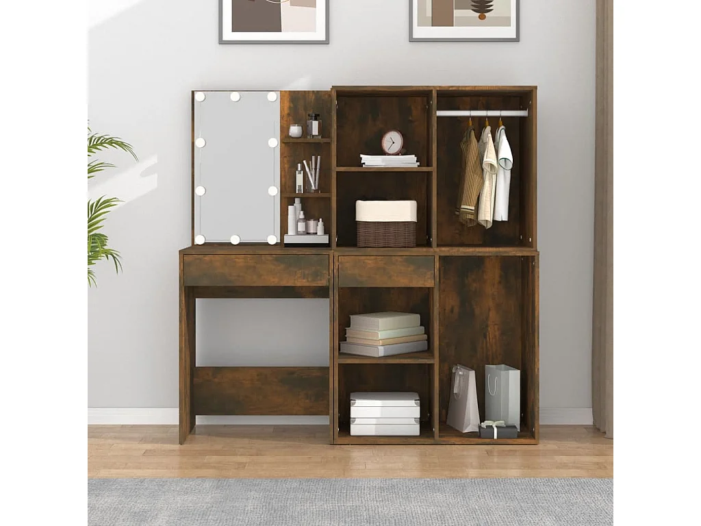 Coiffeuse à LED avec armoires Chêne fumé Bois d'ingénierie