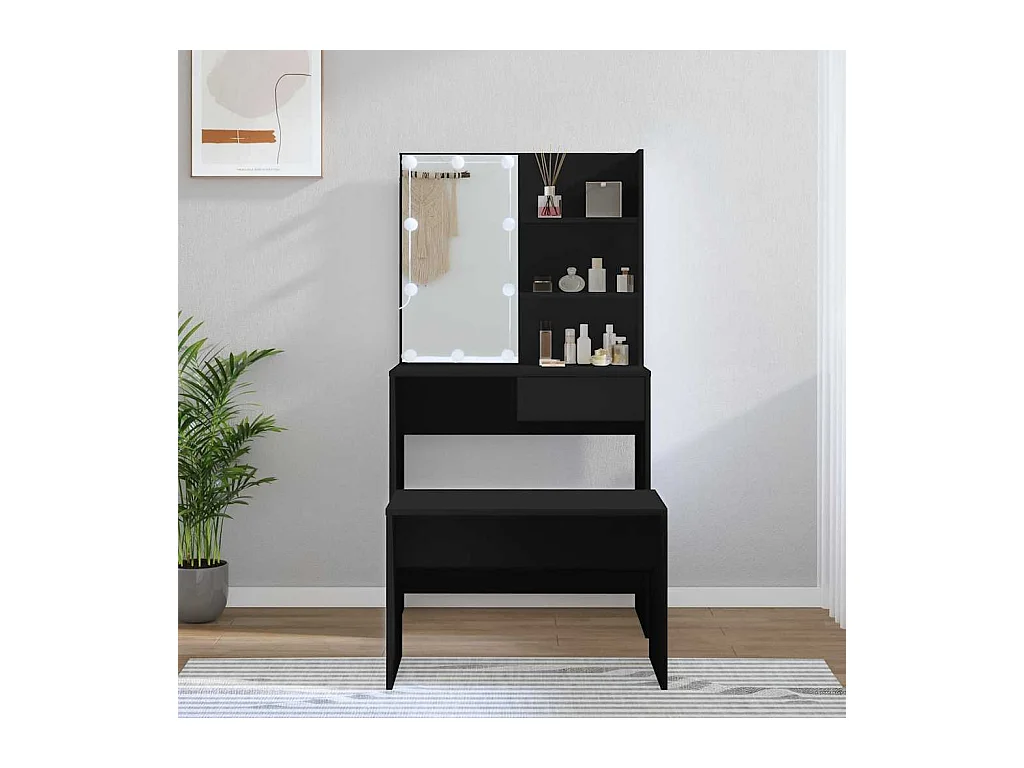 Juego de tocador con LED de madera de ingeniería negra