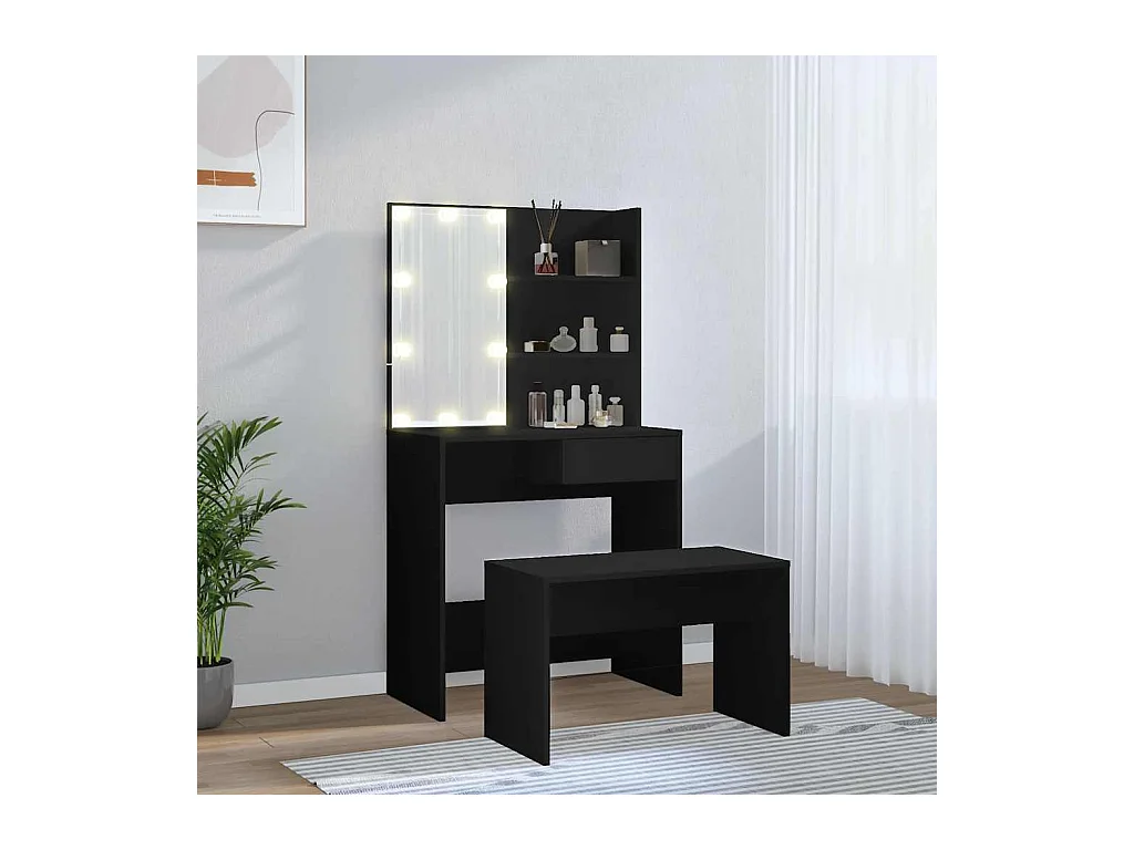 Juego de tocador con LED de madera de ingeniería negra