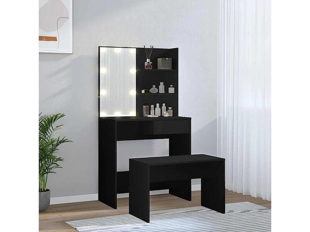 Schminktisch-Set mit LED, Holzwerkstoff, Schwarz
