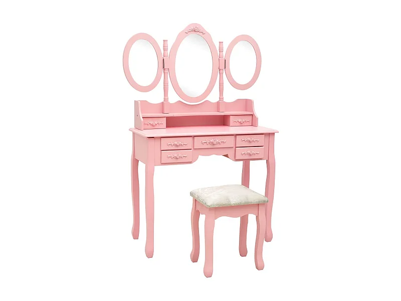 Toeletta con sgabello e specchio a 3 ante in rosa