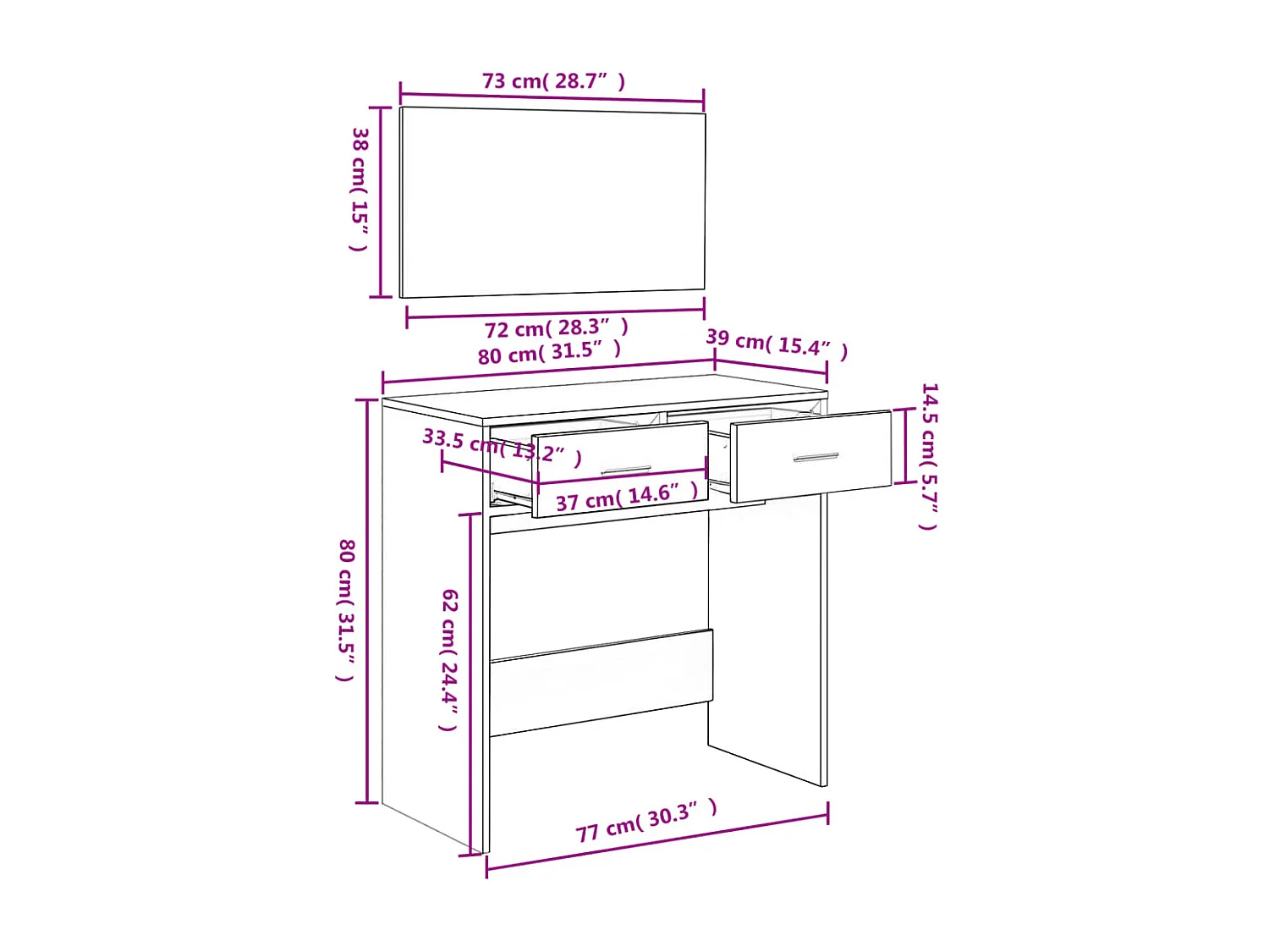 Toletta con specchio in rovere fumé 80x39x80 cm