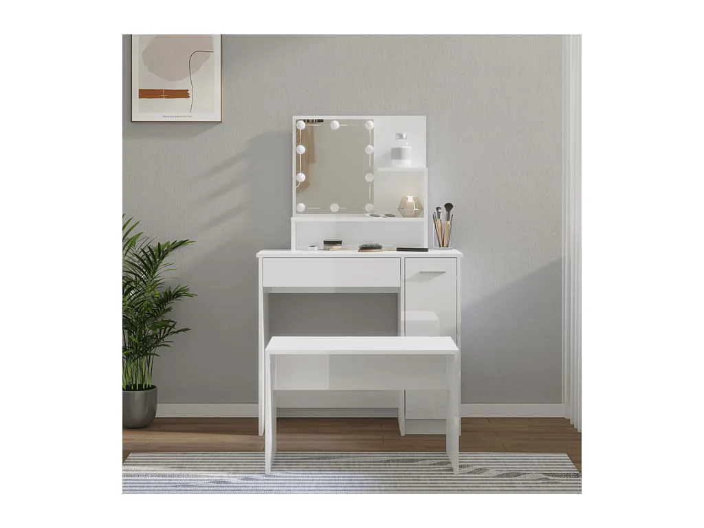 Conjunto de tocador LED de madera de ingeniería blanca brillante