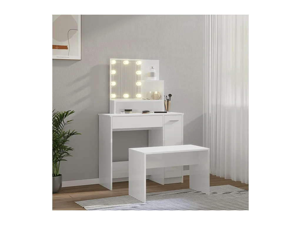 Conjunto de tocador LED de madera de ingeniería blanca brillante