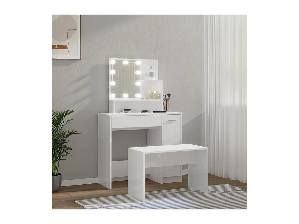 Conjunto de tocador LED de madera de ingeniería blanca brillante