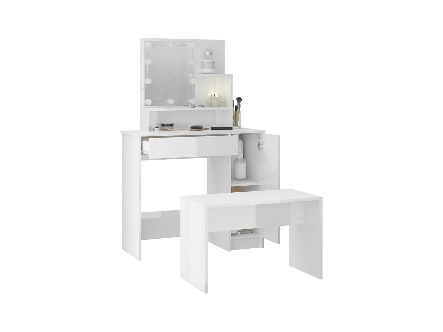 Conjunto de tocador LED de madera de ingeniería blanca brillante