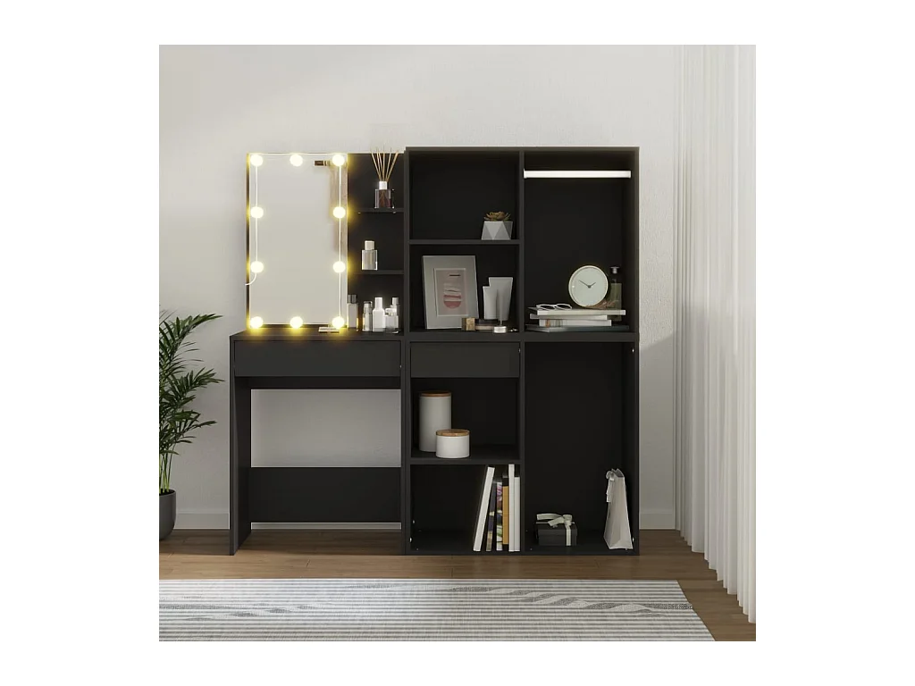 Tavolo da toeletta a LED con mobili in legno ingegnerizzato nero