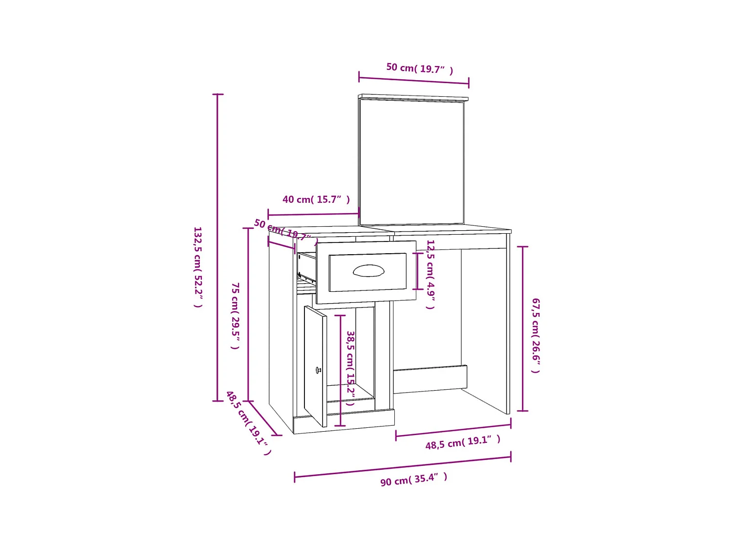 Kaptafel met zwarte spiegel 90x50x132,5 cm bewerkt hout