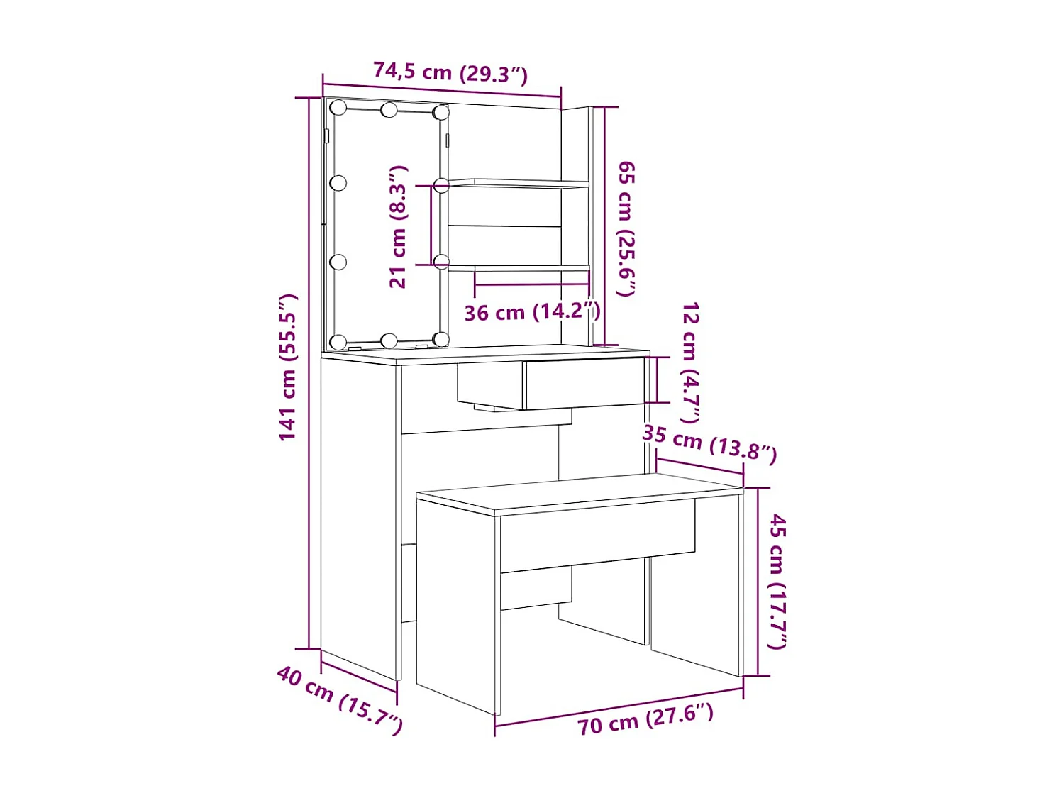 Ensemble de coiffeuse avec LED vieux bois bois d'ingénierie