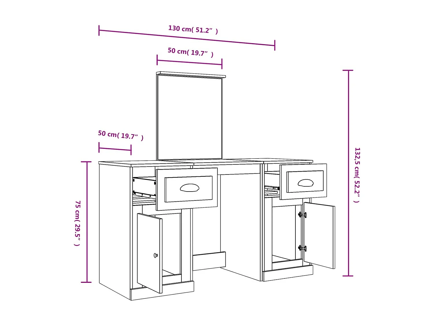Kaptafel met spiegel Sonoma grijs 130x50x132,5 cm